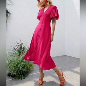 Luxe hot pink button detail ruffle sleeve dress